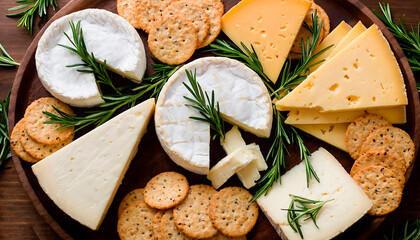 Assorted cheese platter with crackers and rosemary on a wooden board. Gourmet food appetizer for party or wine tasting.