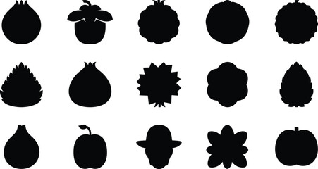 Fruit and vegetable silhouette icons, black contour shapes, healthy food symbols, abstract organic forms, editable vector set, isolated graphic elements