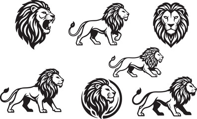 Lion silhouette collection, bold lion poses, roaring lion head, tribal lion art, majestic animal icons, vector emblem set, graphic symbols
