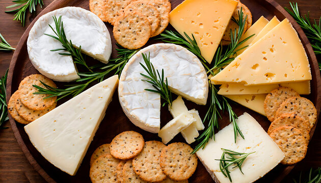 Assorted cheese platter with crackers and rosemary on a wooden board. Gourmet food appetizer for party or wine tasting.