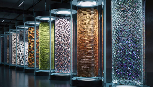 Array of futuristic textile designs encased in glass cylinders, hinting at high tech innovation and material science breakthroughs for advanced applications