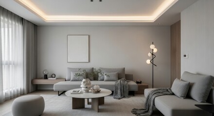 Modern Minimalist Living Room with Neutral Colors Bright Natural Light Cozy Atmosphere