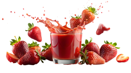Refreshing strawberry juice splash, a vibrant healthy treat, perfect for summer promotions and boosting energy, showcasing nature's delicious goodness