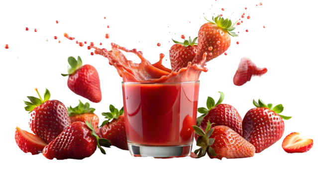 Refreshing strawberry juice splash, a vibrant healthy treat, perfect for summer promotions and boosting energy, showcasing nature's delicious goodness