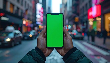 Person holding a smartphone with a green screen in a busy city street at night.