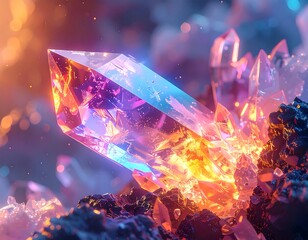 Close-up of glowing crystals in vivid orange, blue, and purple hues