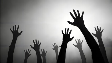Desperate Silhouetted Hands Reaching Upward in Eerie, Smoky Haze - Fear, Horror, Struggle Concept
