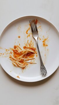 Spaghetti leftovers with tomato sauce on a white plate with a decorative fork