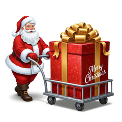 Santa Claus Holding a Big Christmas Gift Box with Golden Ribbon