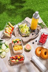 Healthy picnic lunch spread with sandwiches salad and fresh fruit in glass containers on grass background