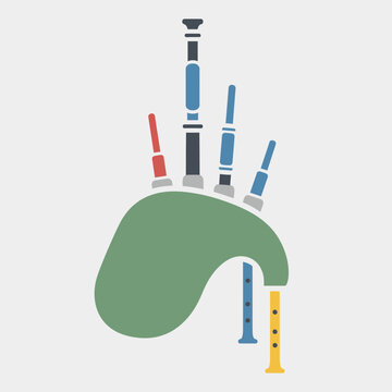 Bagpipes instrument with pipes and bag in green red blue black and yellow.