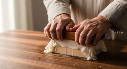 Close up of hands pressing fresh tofu on a wooden table for homemade food concept and healthy plant-based protein