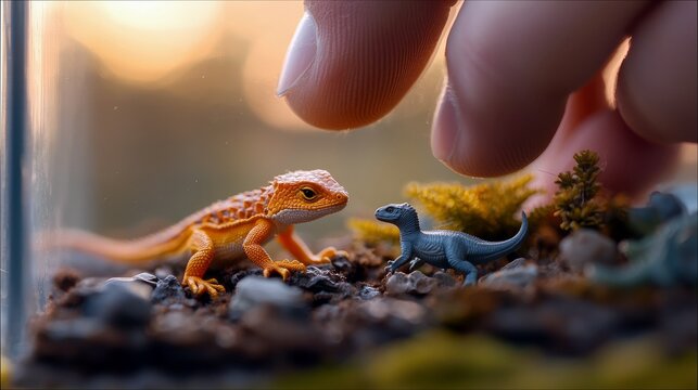A close-up shot of a hand interacting with toy lizard and dinosaur in a miniature landscape, with warm, soft lighting. - Powered by Adobe
