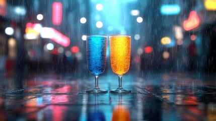 Two champagne glasses filled with blue and yellow drinks stand on a wet surface in the rain at night, with blurred city lights in the background.