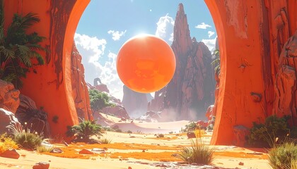 Surreal landscape with a large orb hovering. The scene shows a desert, rock formations, and an arch framing the distant background