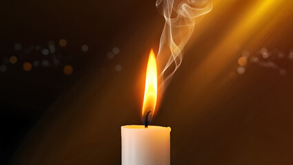 A single white candle burns brightly with a warm orange flame and wisps of smoke rising against a dark textured background with golden light rays