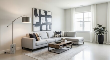 Modern Minimalist Living Room with White Sofa Black and Beige Cushions Natural Light