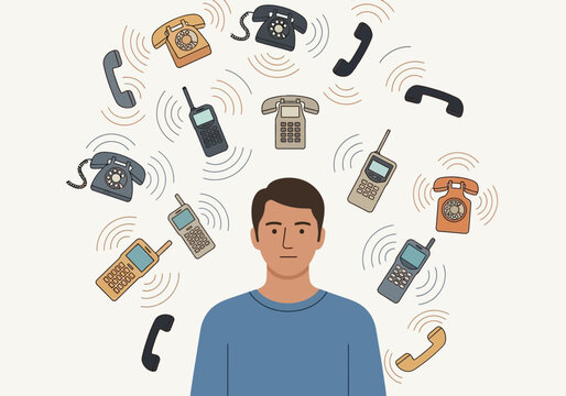 Man surrounded by various ringing telephones and communication devices.