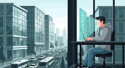 Fototapeta premium Focused coder engrossed in programming work with urban cityscape backdrop