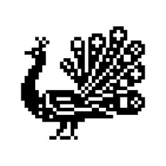Black pixel art peacock silhouette icon. retro style. stylized feathers.