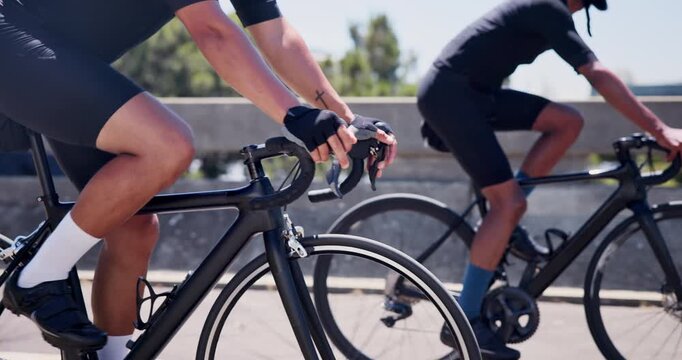 Sports, cycling and people on bicycle in city for fitness, training and exercise together for endurance. Town, athlete and men for competition, race and challenge for workout, wellness and health