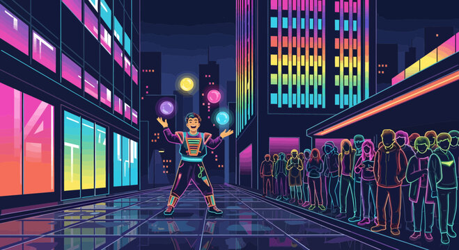 Neon City Juggler Thrills Onlookers with Glowing Balls in a Retro-Futuristic Setting