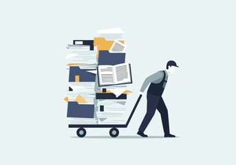 Person pushing a cart overloaded with paper documents and files.