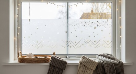 Cozy Winter Window Scene with Decorative Film and Knitted Items.