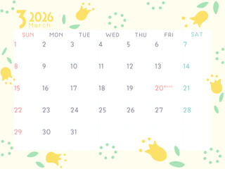 てがきでかわいい2026年3月のカレンダー　チューリップ
