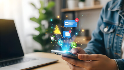 Woman using smartphone with social media and communication icons floating above it