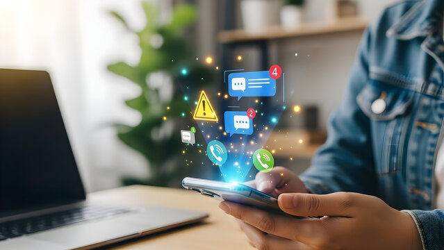 Woman using smartphone with social media and communication icons floating above it - Powered by Adobe