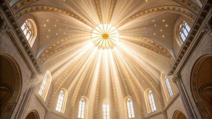 Luxury spiritual christmas light radiates through ornate cathedral dome with golden details and arched windows creating serene atmosphere