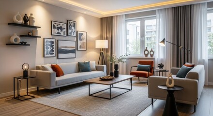 Modern Living Room with Neutral Colors and Contemporary Decor in Bright Natural Light