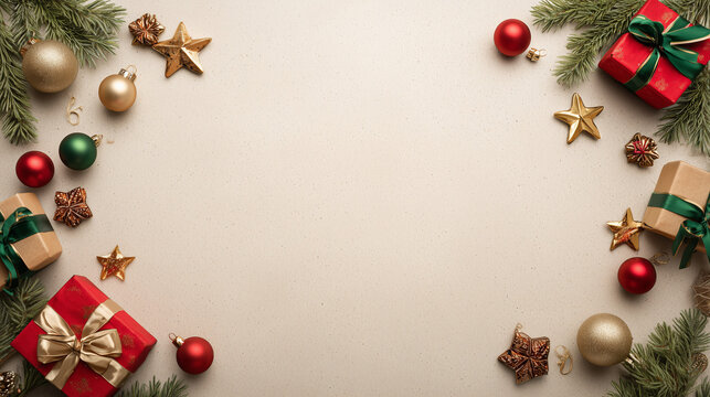 Merry Christmas Background with Gifts and Ornaments on Light Beige Top View