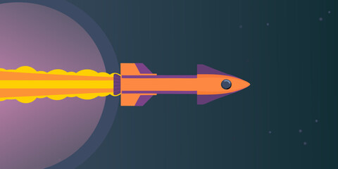 Cartoon rocket ship flying through space with planet and stars