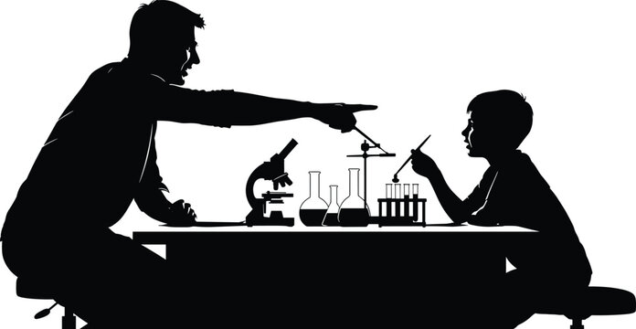 Science mentorship silhouette, lab learning scene, child education, microscope and flasks, black vector, curiosity moment, STEM teaching, laboratory tools, experiment setup, knowledge sharing - Powered by Adobe