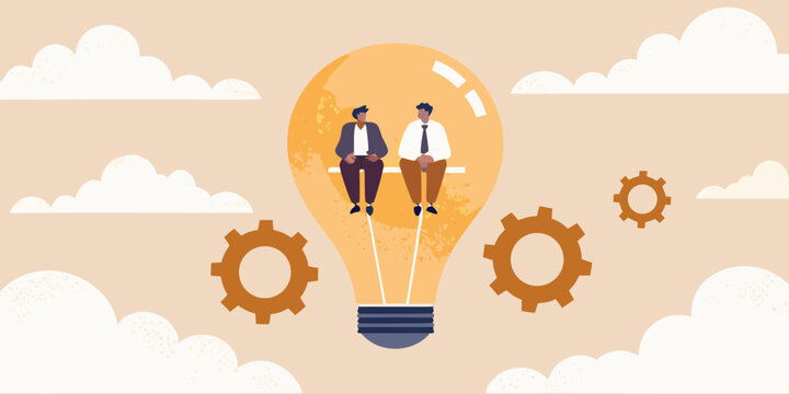 Businessmen sitting in a lightbulb with gears and clouds