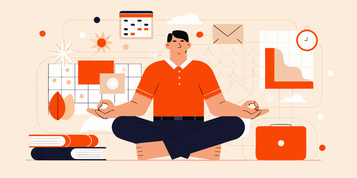 Man meditating in lotus position surrounded by work related objects