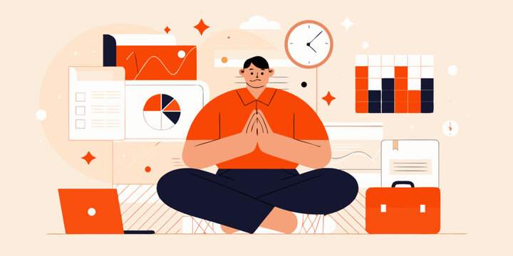 Business meditation man meditating amidst data and office supplies
