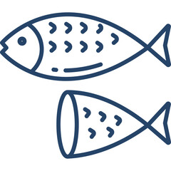Two stylized dark blue line art fish one whole and one with a section removed on a transparent background abstract marine life concept