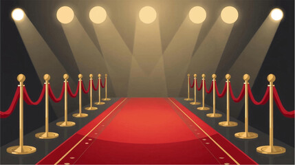 A glamorous red carpet event, illuminated by spotlights, creates a sense of anticipation and excitement for the arriving guests and celebrities.