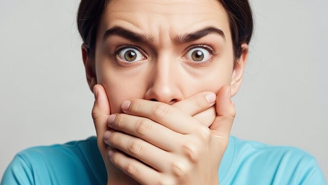 Shocked young woman covering her mouth expressing surprise and disbelief, symbolizing secrets, censorship, and unexpected news in modern culture