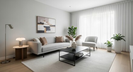 Modern Bright Living Room with White Sofa and Green Plants in Minimalist Style