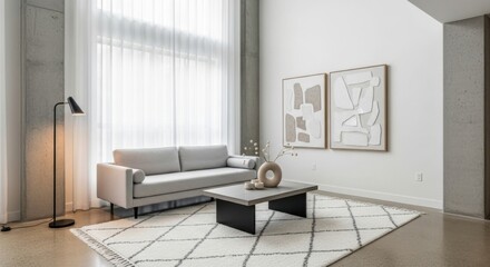 Modern Minimalist Living Room with Neutral Colors and Abstract Artwork