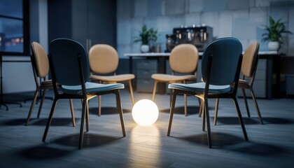 Empty support group chairs surrounding glowing sphere symbolizing healing, unity, and emotional support