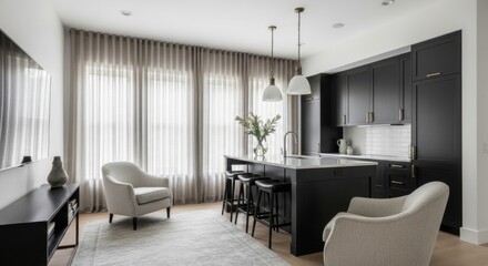 Modern Kitchen Living Room with Dark Cabinets and Light Curtains in Bright Open Space