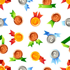 Seamless pattern of awards, including trophies and medals in various colors. Features gold, silver, and bronze medals with ribbons.