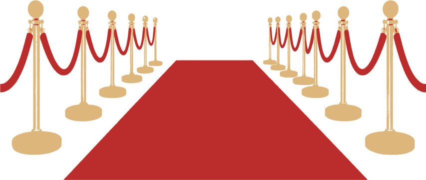 A red carpet is set up with velvet ropes and gold stanchions for a special event or awards ceremony, creating an exclusive entrance.