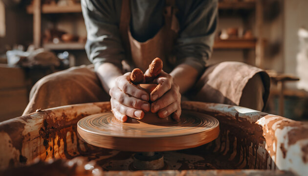 Close up of potter hands shaping wet clay on a spinning pottery wheel in a workshop environment.