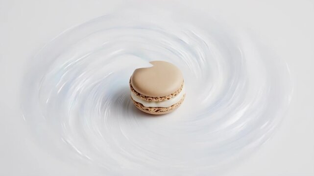 A beige macaron with missing bite, set in a swirl-textured white design